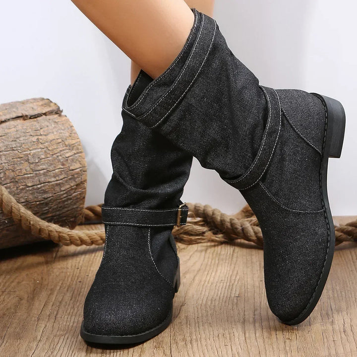 Damen Stiefel | Mittelhohe Boots mit dekorativen Schnallen, weichem Innenfutter und rutschfester Sohle für Herbst und Winter