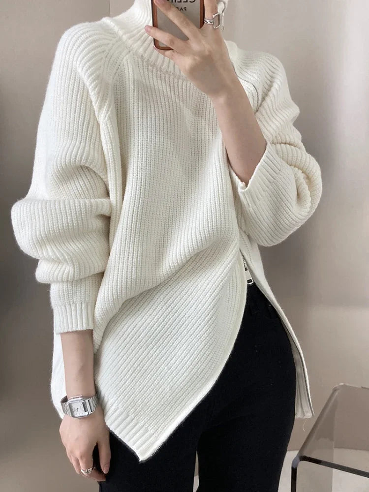 Damen Rollkragenpullover | Grobstrick mit diagonalem Reißverschluss &amp; lockerer Passform für Herbst und Winter