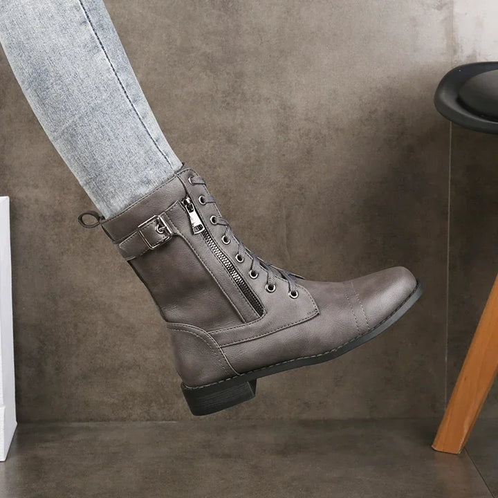 Damen Lederstiefel mit Schnürung und Reißverschluss | Mittelhohe Schnürstiefel mit robuster Laufsohle für Alltag und Freizeit