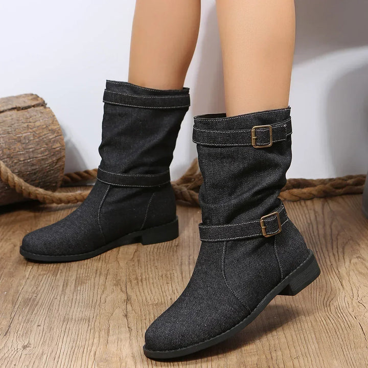 Damen Stiefel | Mittelhohe Boots mit dekorativen Schnallen, weichem Innenfutter und rutschfester Sohle für Herbst und Winter