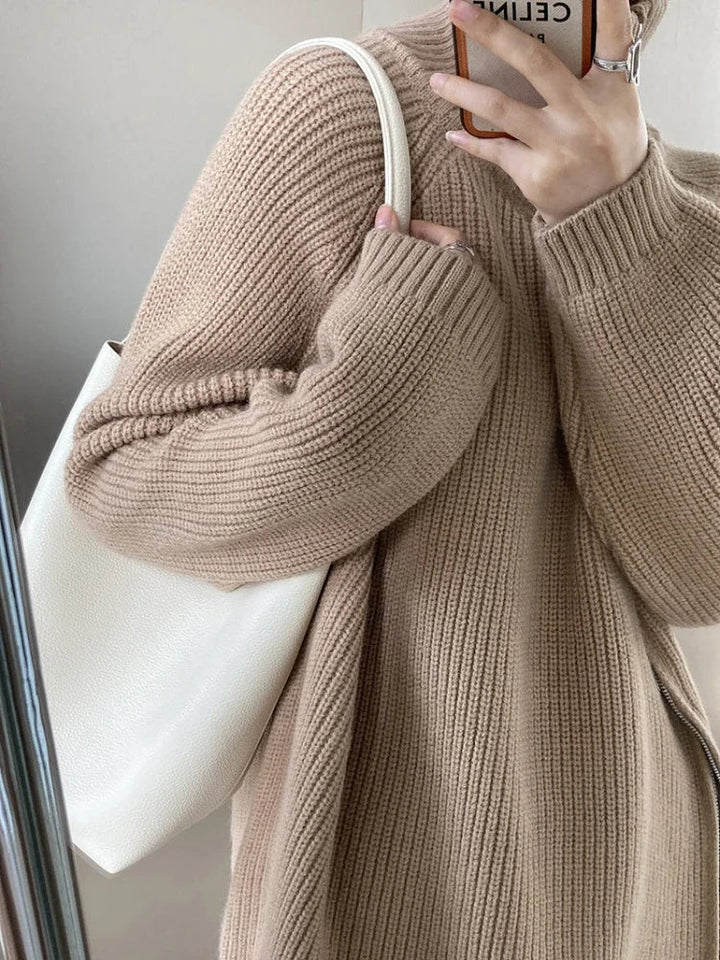 Damen Rollkragenpullover | Grobstrick mit diagonalem Reißverschluss &amp; lockerer Passform für Herbst und Winter