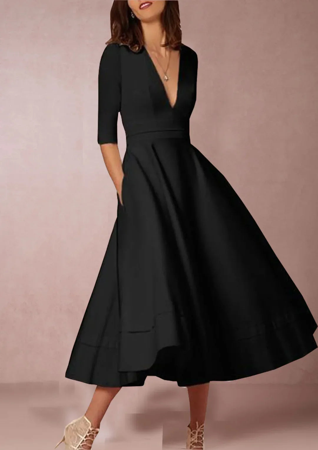 Damen A-Linien-Midikleid | Elegantes Kleid mit V-Ausschnitt und 3/4-Ärmeln