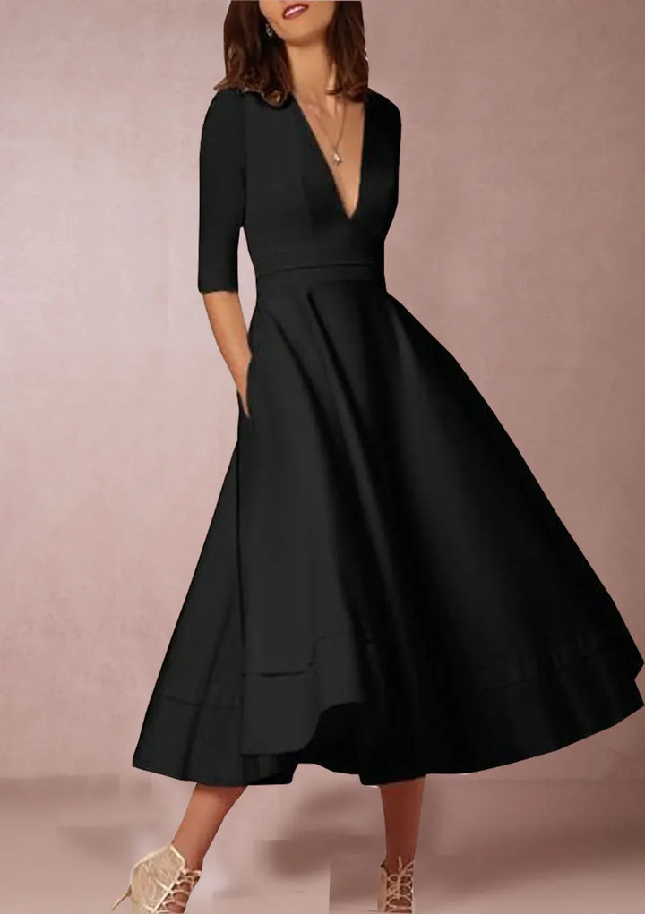 Damen A-Linien-Midikleid | Elegantes Kleid mit V-Ausschnitt und 3/4-Ärmeln