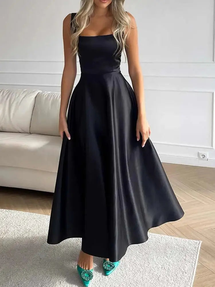 A-Line Midi Dress with Satin Shine | Square Neckline &amp; Spaghetti Straps | Flowing Skirt, Elegant for Events