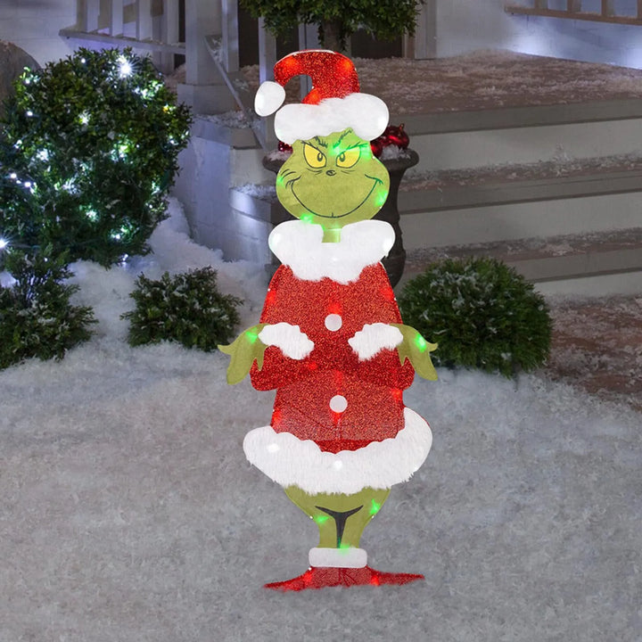 Grinch Weihnachtsdeko mit LED für den Garten | Wetterfeste Weihnachtsfigur mit Erdspießen aus Kunststoff und Stoff