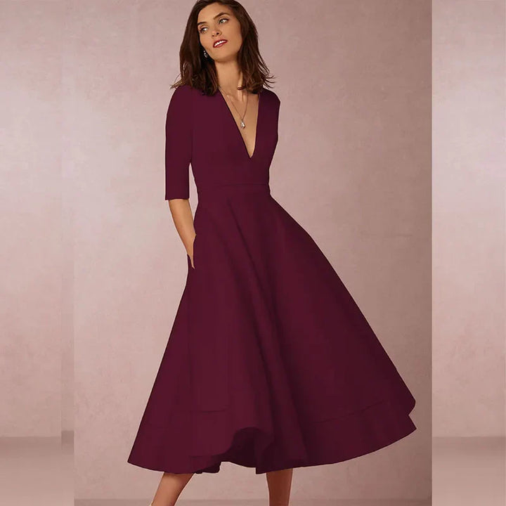 Damen A-Linien-Midikleid | Elegantes Kleid mit V-Ausschnitt und 3/4-Ärmeln