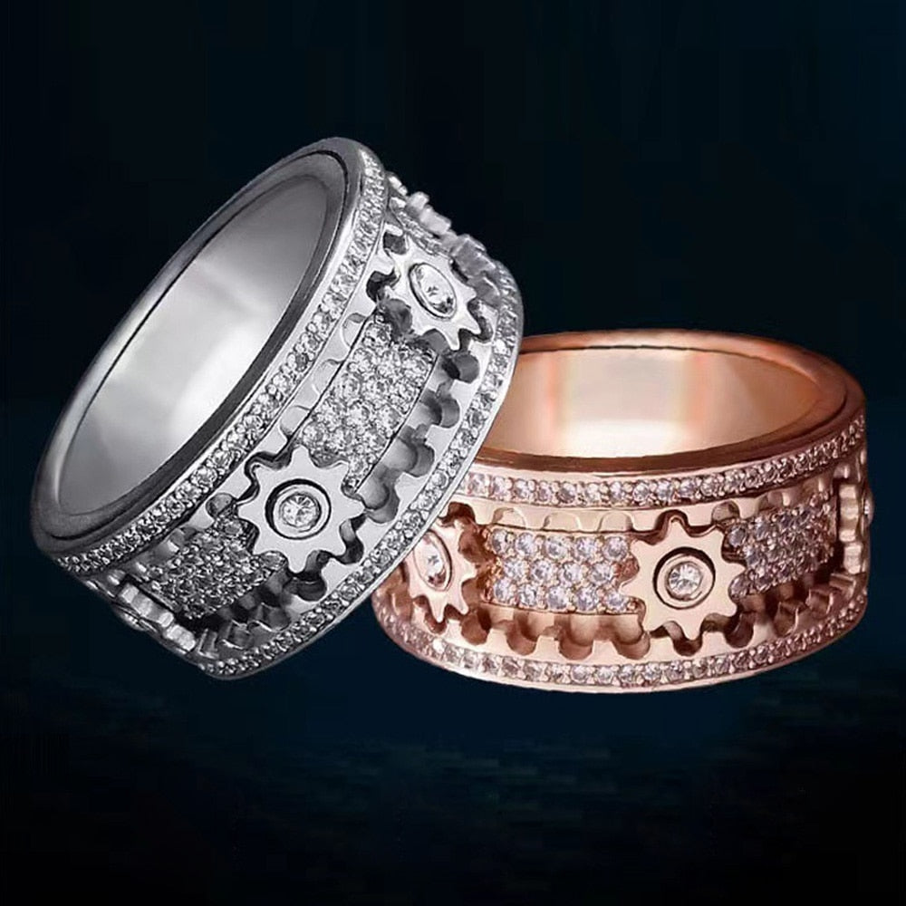 Spinner ring made of stainless steel with 6 gears | Rotatable anti-stress ring with zirconia | Sizes 7–12, mechanical design