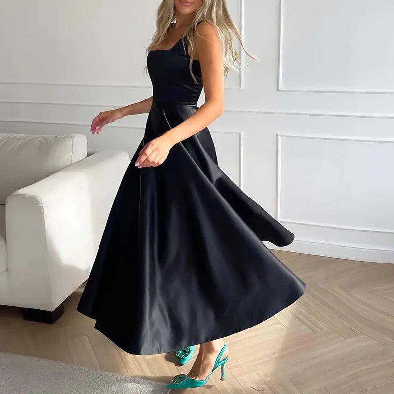 A-Line Midi Dress with Satin Shine | Square Neckline &amp; Spaghetti Straps | Flowing Skirt, Elegant for Events