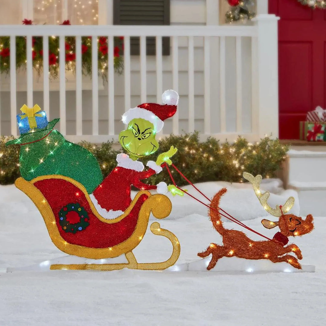 Grinch Weihnachtsdeko mit LED für den Garten | Wetterfeste Weihnachtsfigur mit Erdspießen aus Kunststoff und Stoff
