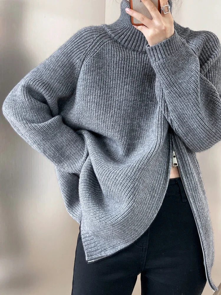 Damen Rollkragenpullover | Grobstrick mit diagonalem Reißverschluss &amp; lockerer Passform für Herbst und Winter