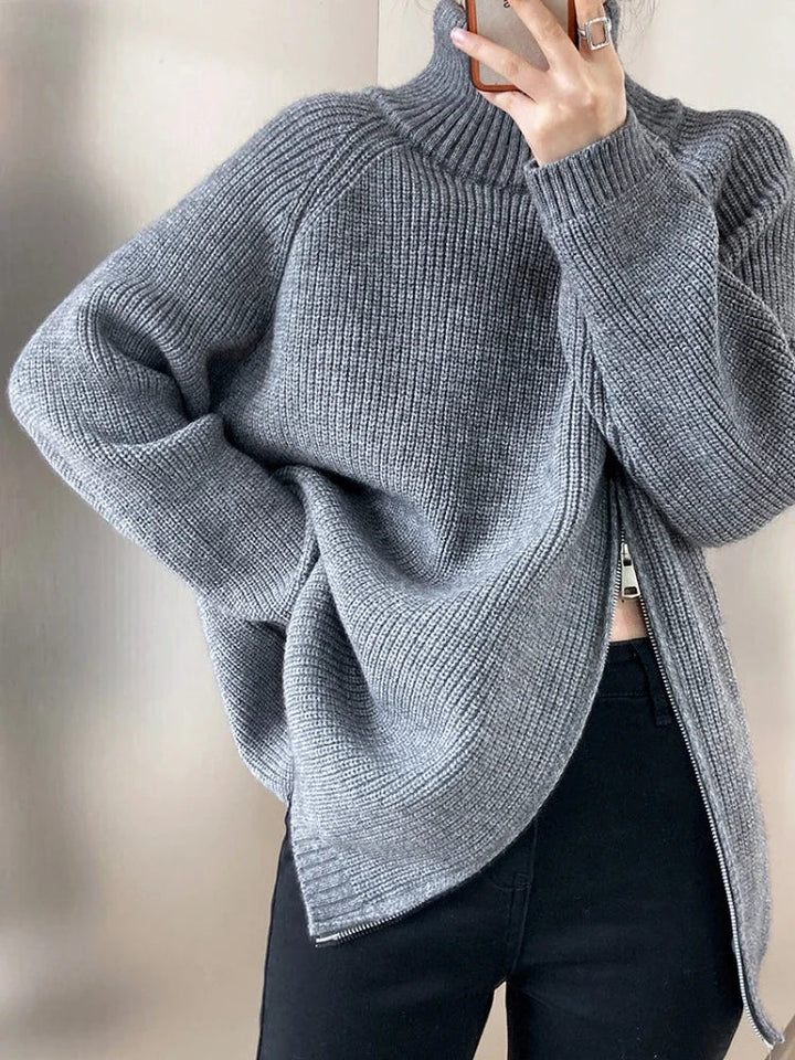 Damen Rollkragenpullover | Grobstrick mit diagonalem Reißverschluss &amp; lockerer Passform für Herbst und Winter