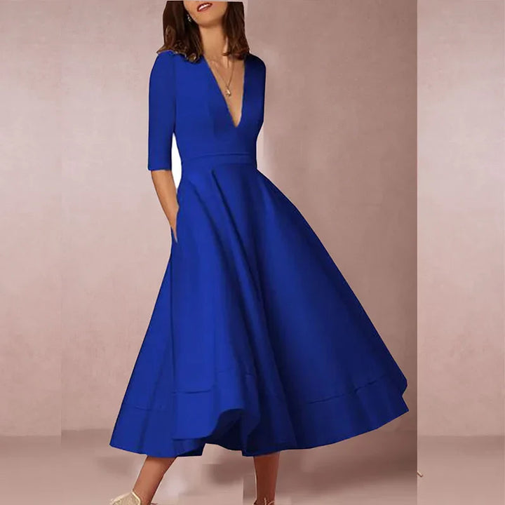Damen A-Linien-Midikleid | Elegantes Kleid mit V-Ausschnitt und 3/4-Ärmeln