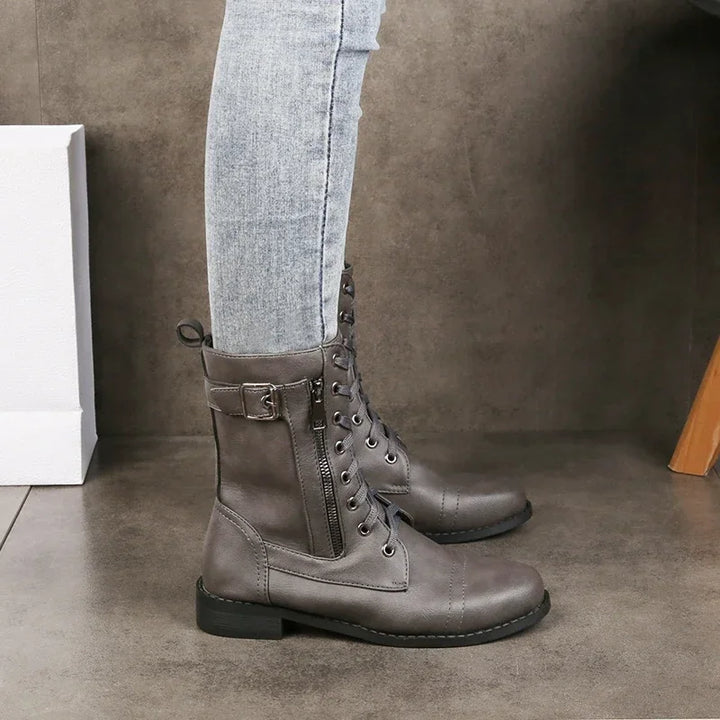 Damen Lederstiefel mit Schnürung und Reißverschluss | Mittelhohe Schnürstiefel mit robuster Laufsohle für Alltag und Freizeit