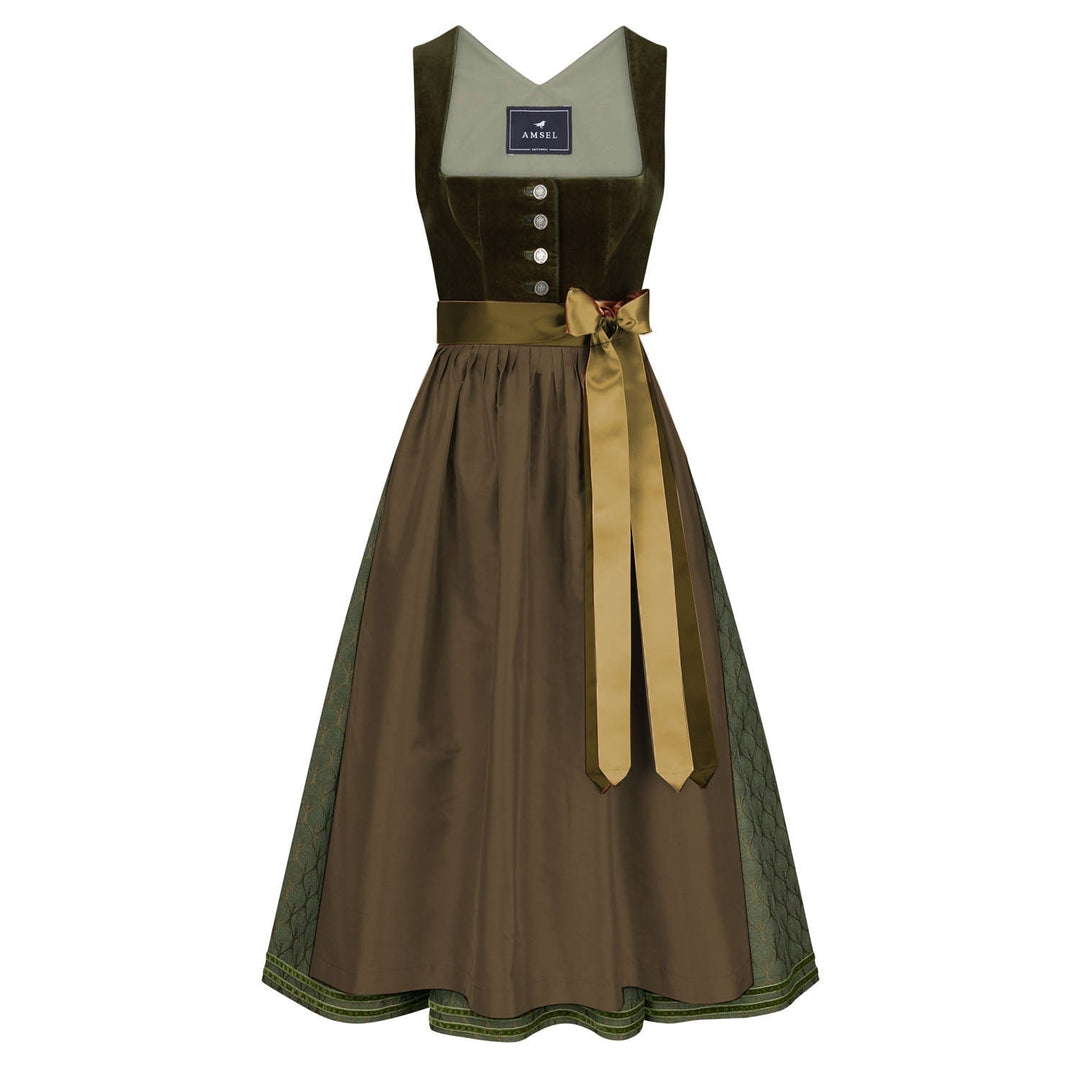 Samtdirndl lang Damen | Olivgrünes Dirndl mit Stretchmieder und Seidenschürze für Oktoberfest und Feste