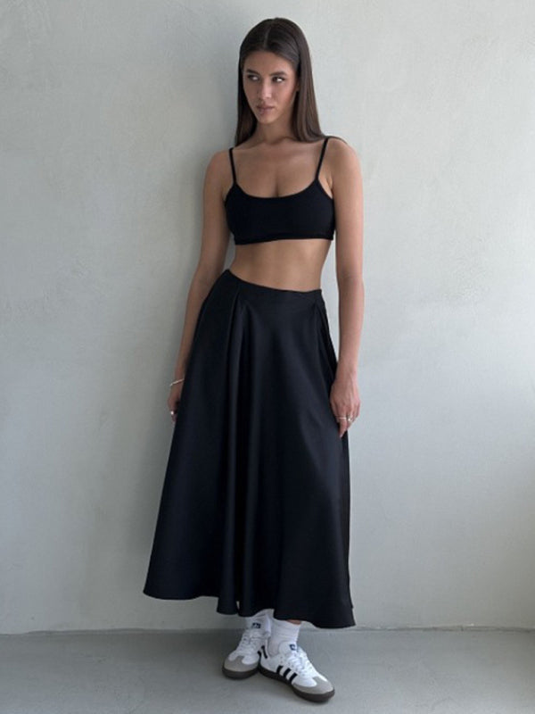 Damen Maxirock mit hohem Bund | Fließender Satinrock in A-Linie mit elastischem Taillenbund und Reißverschluss für elegante Anlässe