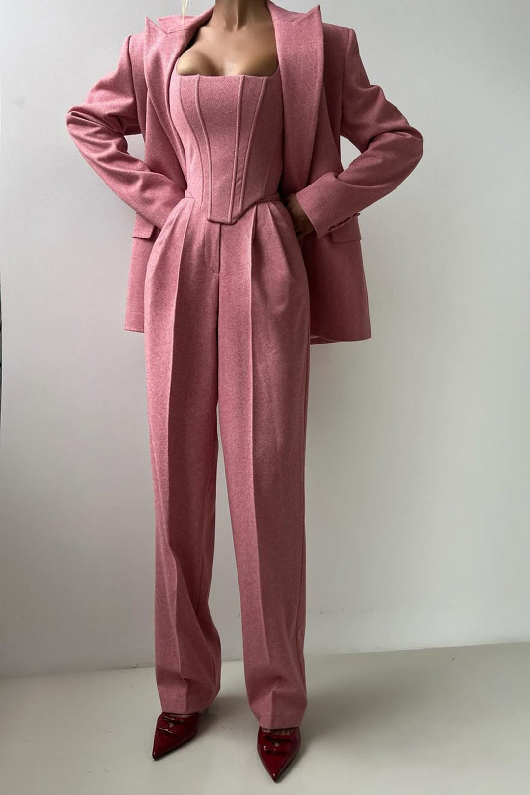 Damen 3-teiliges Hosenanzug-Set | Doppelreihiger Blazer, Top &amp; Hose | Eleganter Business-Look
