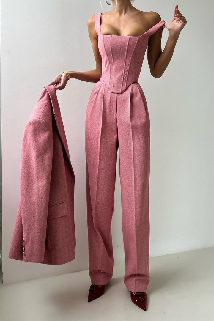 Damen 3-teiliges Hosenanzug-Set | Doppelreihiger Blazer, Top &amp; Hose | Eleganter Business-Look