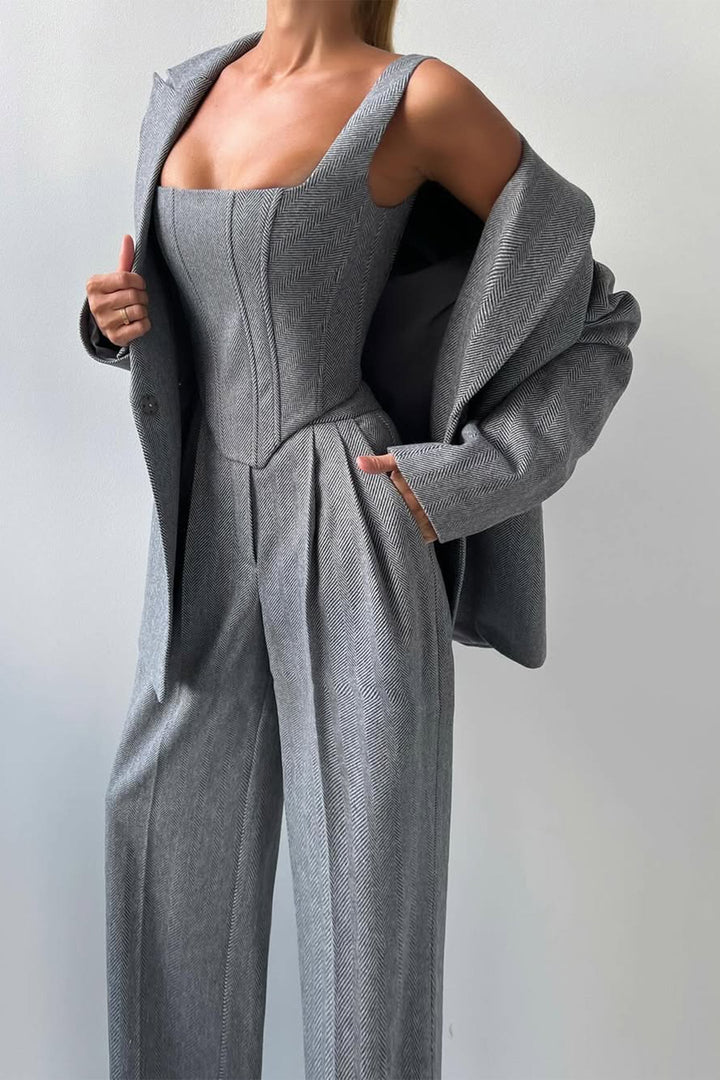 Damen 3-teiliges Hosenanzug-Set | Doppelreihiger Blazer, Top &amp; Hose | Eleganter Business-Look