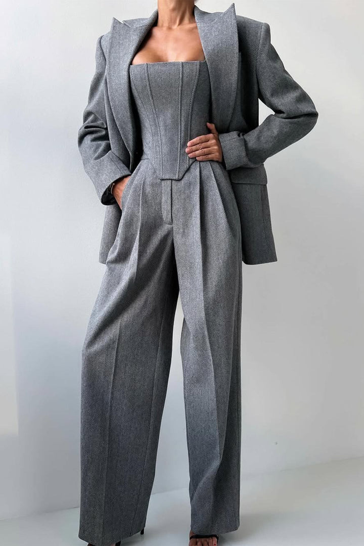 Damen 3-teiliges Hosenanzug-Set | Doppelreihiger Blazer, Top &amp; Hose | Eleganter Business-Look