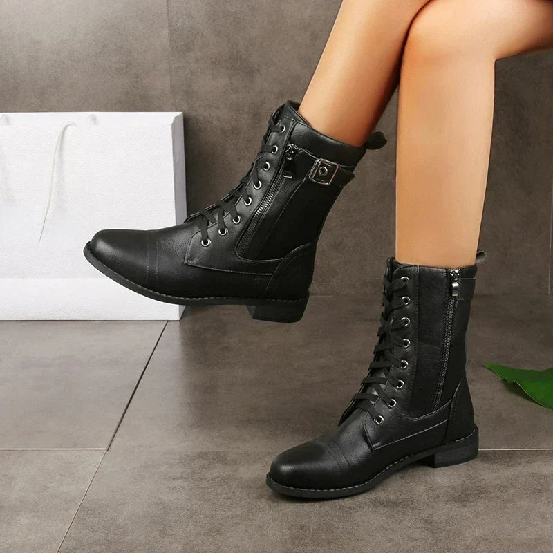 Damen Lederstiefel mit Schnürung und Reißverschluss | Mittelhohe Schnürstiefel mit robuster Laufsohle für Alltag und Freizeit