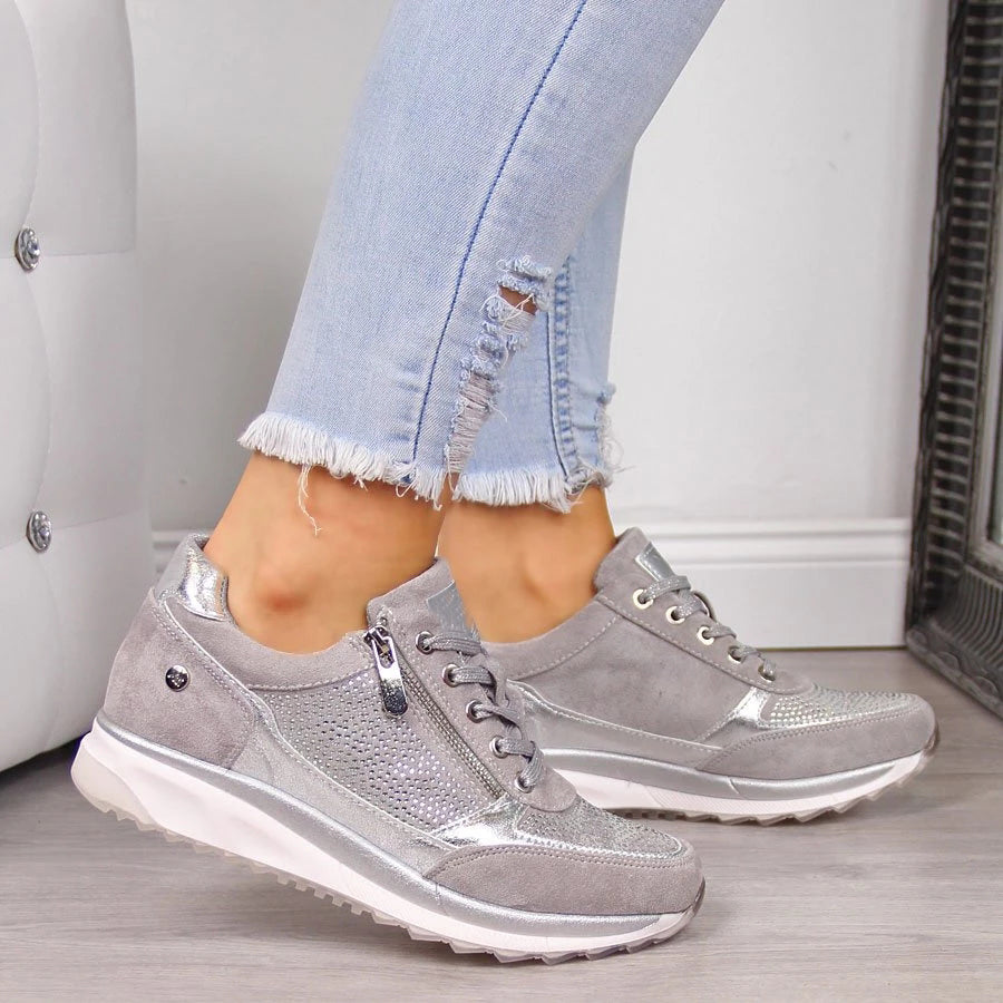 Damen Sneaker mit Reißverschluss | Atmungsaktives Mesh, ergonomisches Fußbett &amp; rutschfeste Sohle | Bequeme Alltagsschuhe fürs Büro