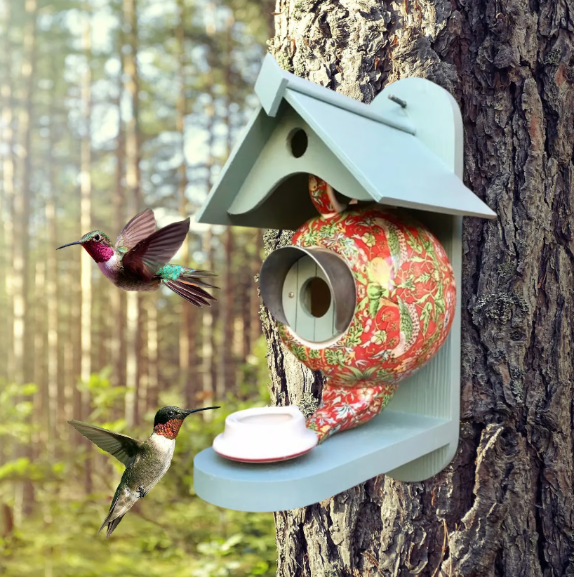 Vogelhaus für den Garten | Buntes Vogelhäuschen aus Keramik und Holz mit Nistplatz und einfacher Wandmontage für Garten und Terrasse