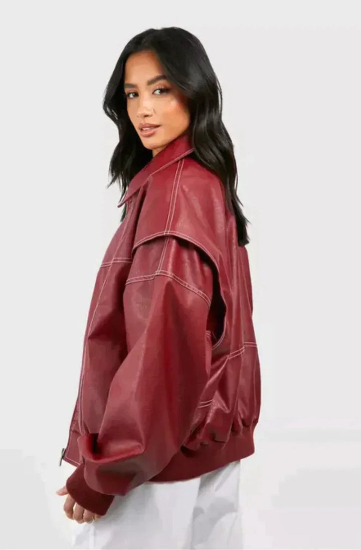 Damen Bomberjacke | Klassischer Blouson aus hochwertigem Kunstleder mit Reißverschluss und gerippten Bündchen