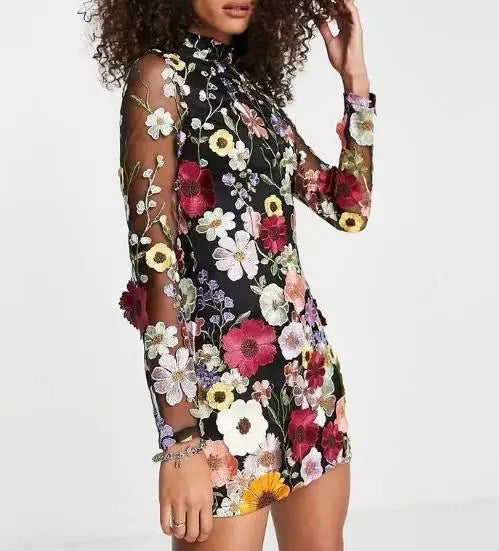 Damen Blumenkleid mit 3D-Stickerei | Ärmellos mit hohem Ausschnitt &amp; Futter | Dolores Garden Party Kleid