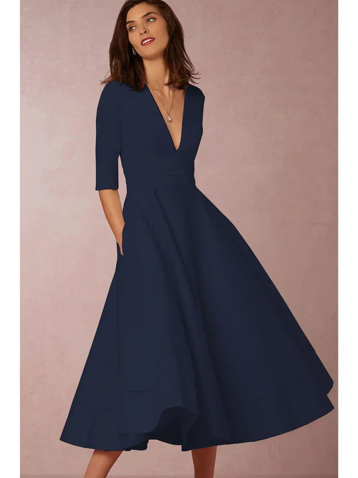 Damen A-Linien-Midikleid | Elegantes Kleid mit V-Ausschnitt und 3/4-Ärmeln