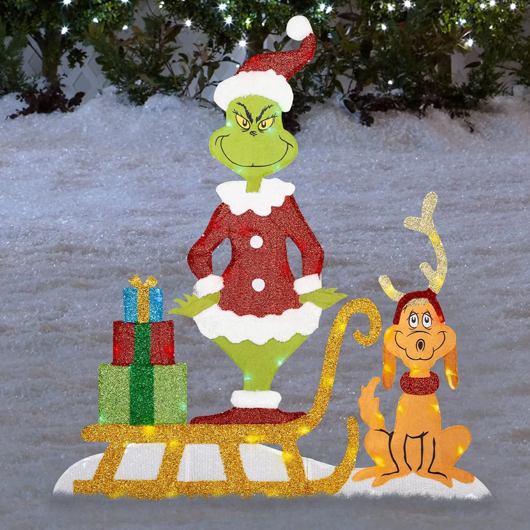 Grinch Weihnachtsdeko mit LED für den Garten | Wetterfeste Weihnachtsfigur mit Erdspießen aus Kunststoff und Stoff