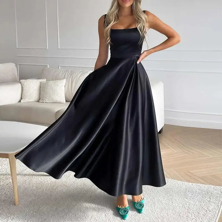 A-Line Midi Dress with Satin Shine | Square Neckline &amp; Spaghetti Straps | Flowing Skirt, Elegant for Events