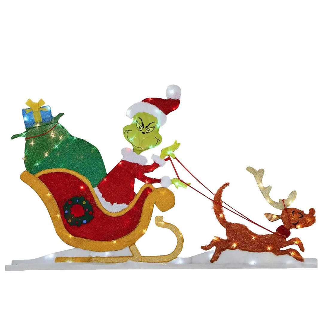 Grinch Weihnachtsdeko mit LED für den Garten | Wetterfeste Weihnachtsfigur mit Erdspießen aus Kunststoff und Stoff