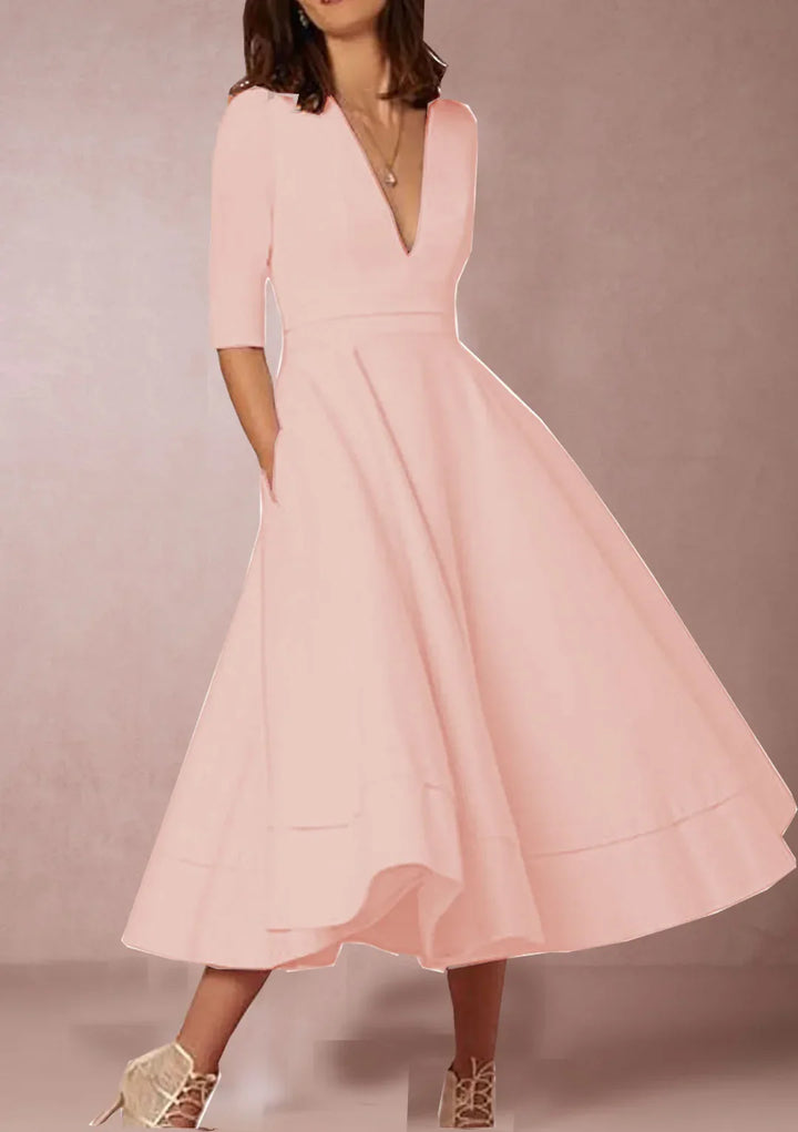 Damen A-Linien-Midikleid | Elegantes Kleid mit V-Ausschnitt und 3/4-Ärmeln