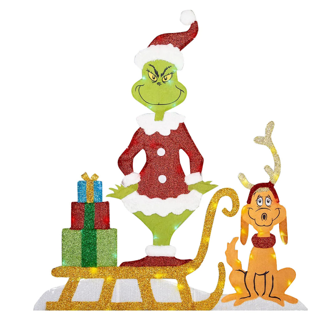 Grinch Weihnachtsdeko mit LED für den Garten | Wetterfeste Weihnachtsfigur mit Erdspießen aus Kunststoff und Stoff