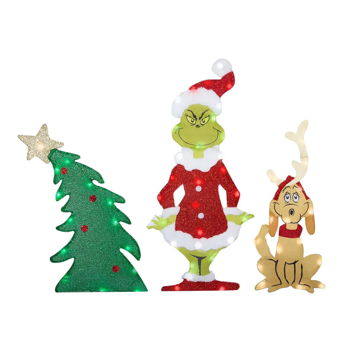 Grinch Weihnachtsdeko mit LED für den Garten | Wetterfeste Weihnachtsfigur mit Erdspießen aus Kunststoff und Stoff