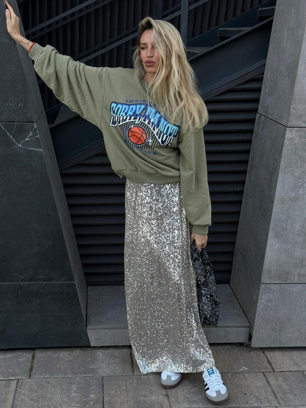 Damen Paillettenrock lang | Glitzernder Maxirock mit Reißverschluss und gerader Passform | Festlicher Rock für Damen