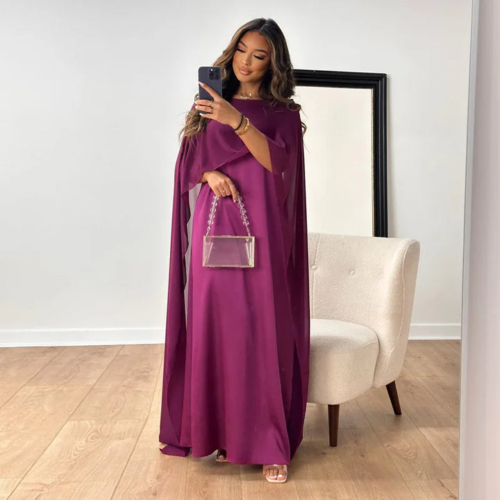 Damen Satin-Maxikleid | Elegantes Abendkleid mit U-Boot-Ausschnitt und Cape-Ärmeln