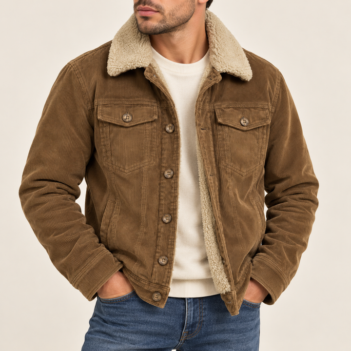 Herren Cordjacke mit warmem Sherpa-Futter | Gefütterte Freizeitjacke aus weichem Cord mit Knopfleiste und Brusttaschen
