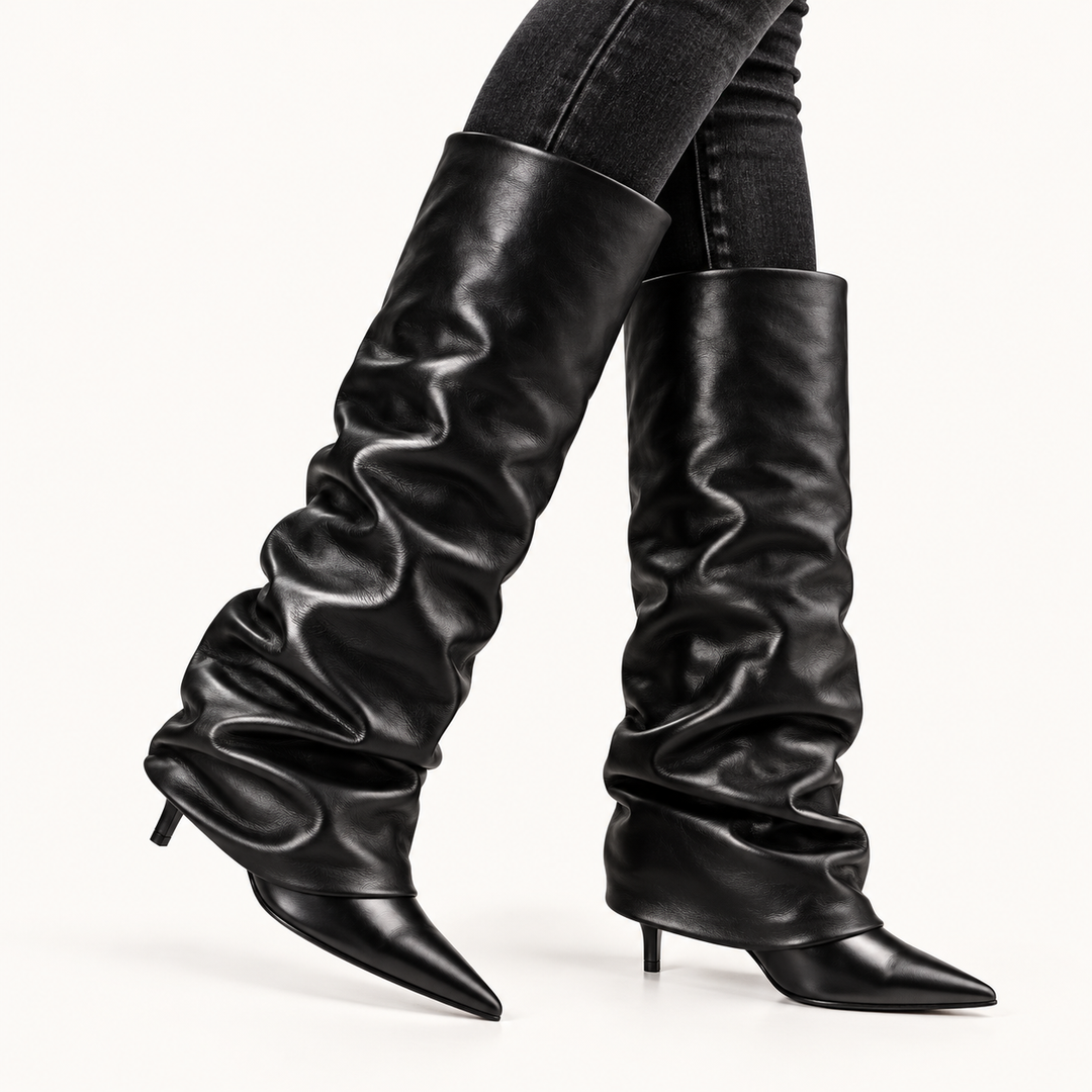 Damen Stiefel mit Absatz | Kniehohe Faltenstiefel mit spitzer Schuhspitze und hohem Absatz | Elegante Schlupfstiefel