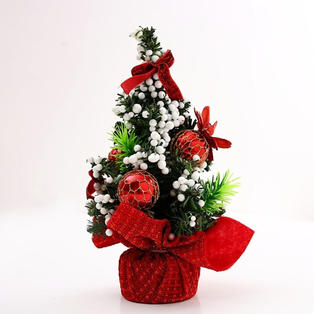 Mini Weihnachtsbaum Set | 3 dekorierte künstliche Tannenbäume mit Schleifen, Beeren und Weihnachtskugeln als festliche Tischdekoration