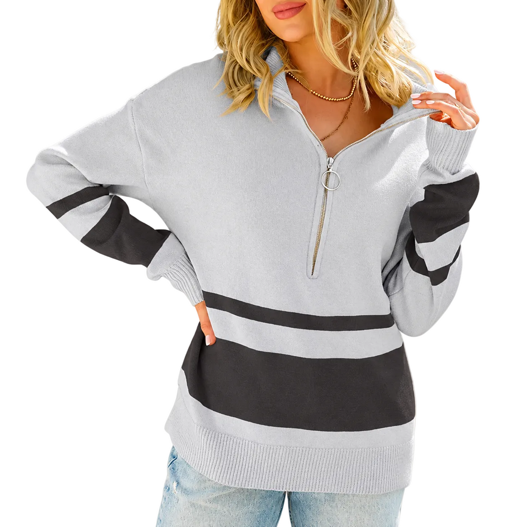 Damen Strickpullover | Mit Reißverschluss am Stehkragen, Kontraststreifen und lockerer Passform für Alltag und Freizeit