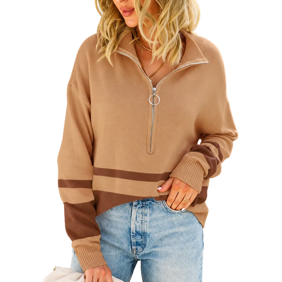 Damen Strickpullover | Mit Reißverschluss am Stehkragen, Kontraststreifen und lockerer Passform für Alltag und Freizeit