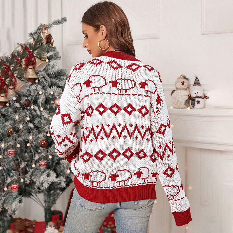 Damen Weihnachtspullover mit Rentier und Schneeflocken | Warmer Strickpullover mit lockerer Passform, Rundhals und Rippbündchen