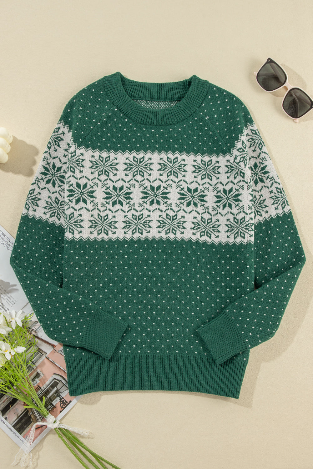 Damen Weihnachtspullover mit Schneeflocken | Weicher Strickpullover mit Punktemuster, Rundhalsausschnitt und langen Ärmeln
