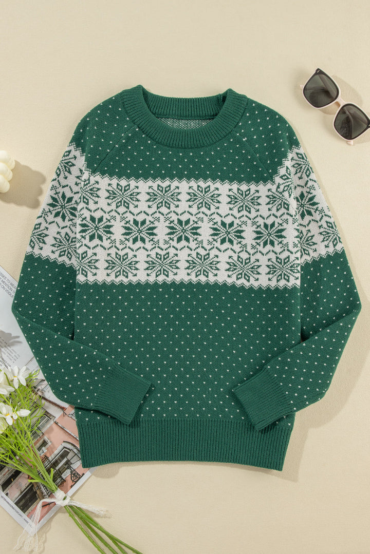 Damen Weihnachtspullover mit Schneeflocken | Weicher Strickpullover mit Punktemuster, Rundhalsausschnitt und langen Ärmeln