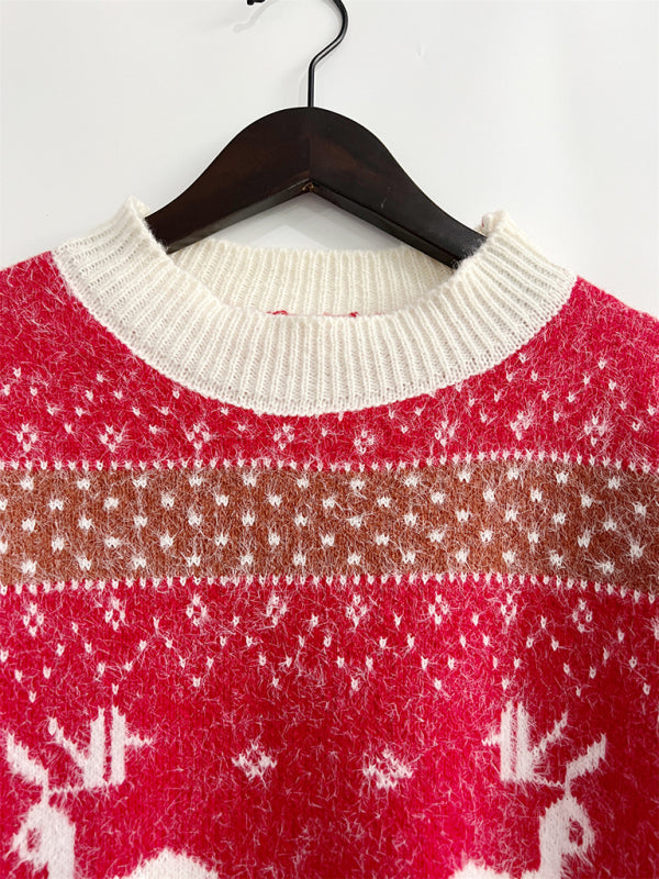 Damen Weihnachtspullover mit Schal | Flauschiges Strickset mit Rentiermotiv, Bommelverzierung und kontrastierenden Rippbündchen