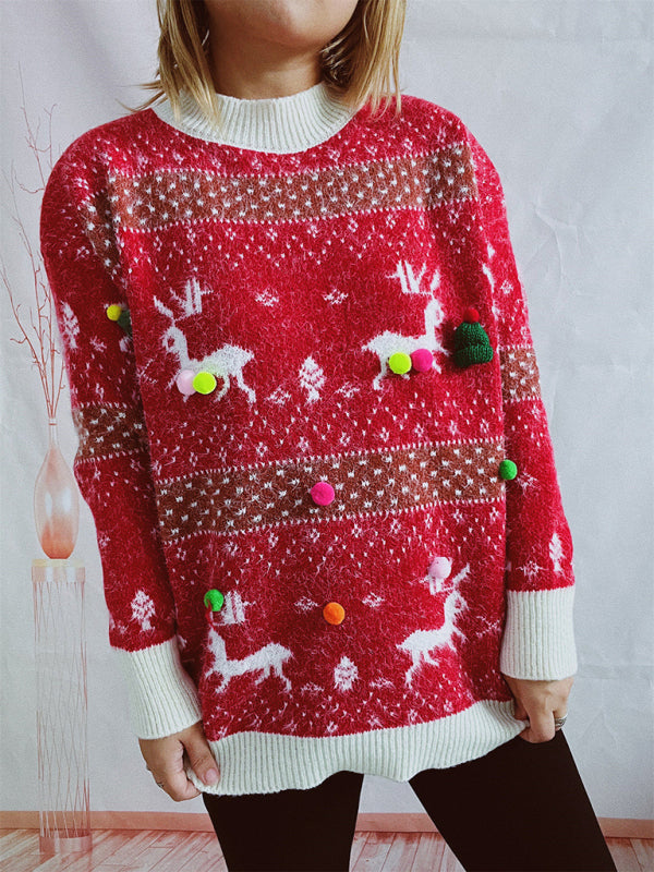 Damen Weihnachtspullover mit Schal | Flauschiges Strickset mit Rentiermotiv, Bommelverzierung und kontrastierenden Rippbündchen