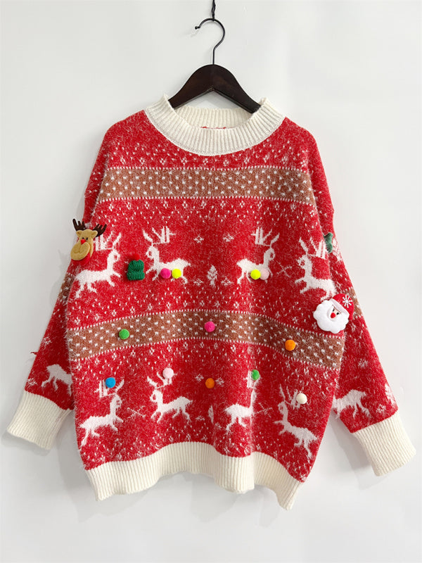 Damen Weihnachtspullover mit Schal | Flauschiges Strickset mit Rentiermotiv, Bommelverzierung und kontrastierenden Rippbündchen
