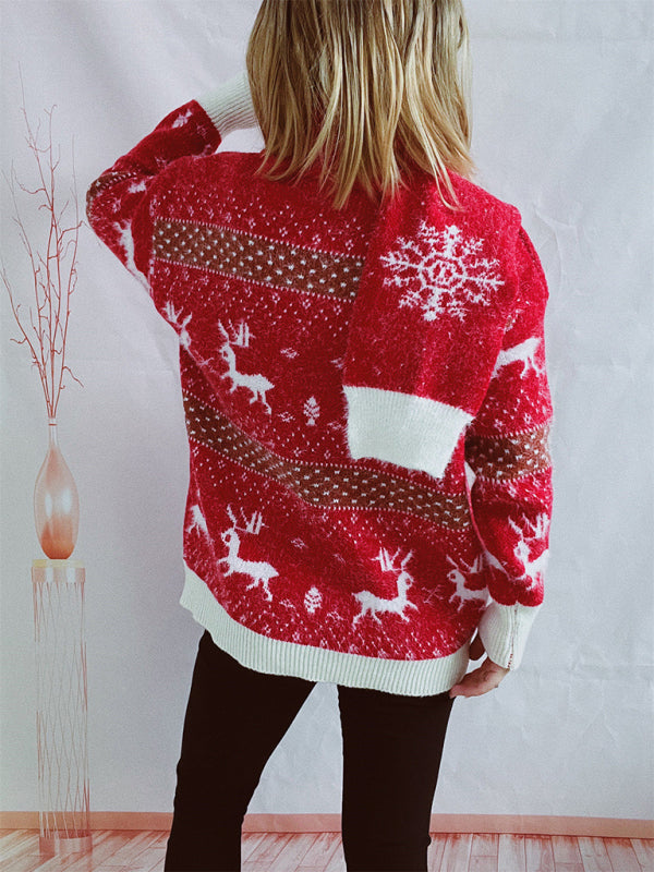 Damen Weihnachtspullover mit Schal | Flauschiges Strickset mit Rentiermotiv, Bommelverzierung und kontrastierenden Rippbündchen