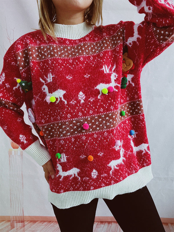 Damen Weihnachtspullover mit Schal | Flauschiges Strickset mit Rentiermotiv, Bommelverzierung und kontrastierenden Rippbündchen